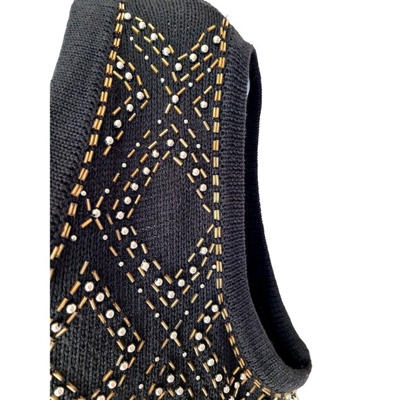 OHI Vintage Knit Vest Womens Size L Beaded Black Button V Neck Ramie Cotton - Picture 3 of 11